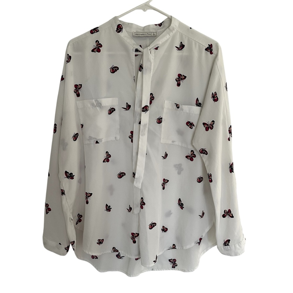 Abercrombie & Fitch White Blouse with Butterfly Design tie front pop over